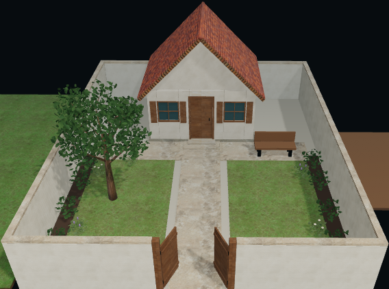 Illustrated courtyard showing a house, bench and tree arranged with space between them